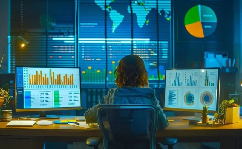 a dynamic office space showcases a confident small business owner analysing vibrant graphs and charts on a sleek digital screen, symbolising the impactful role of local seo in driving business success.