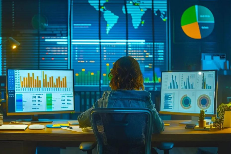 a dynamic office space showcases a confident small business owner analysing vibrant graphs and charts on a sleek digital screen, symbolising the impactful role of local seo in driving business success.