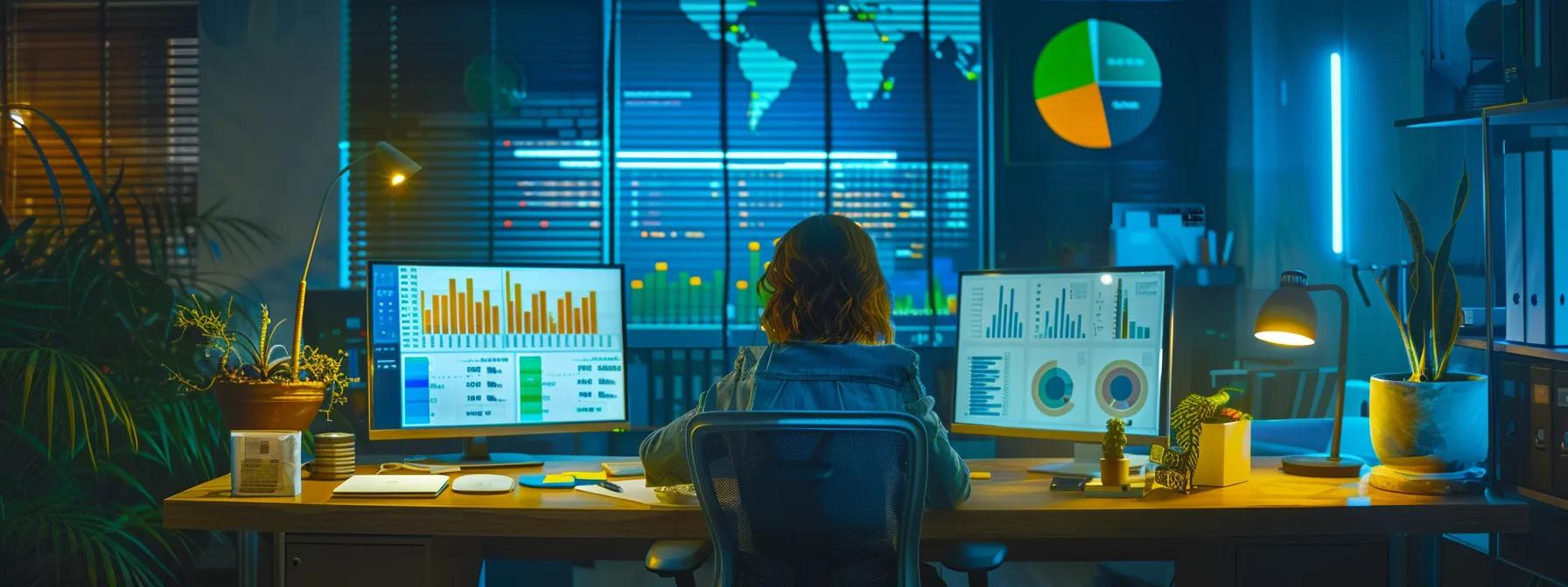 a dynamic office space showcases a confident small business owner analysing vibrant graphs and charts on a sleek digital screen, symbolising the impactful role of local seo in driving business success.