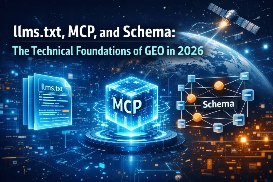 Illustration of llms.txt, MCP, and schema powering GEO in 2026 by AI SEO agency Predicta Digital.