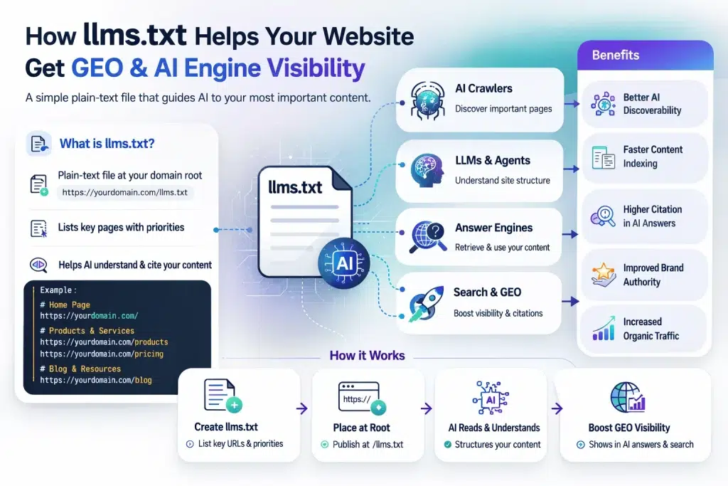 Infographic showing how llms.txt helps websites improve GEO and AI search visibility, explained by a provider of SEO services in Melbourne.